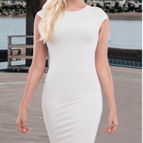 NWT White Zip Up Cap Sleeve Bodycon Midi Dress Small - Picture 1 of 4